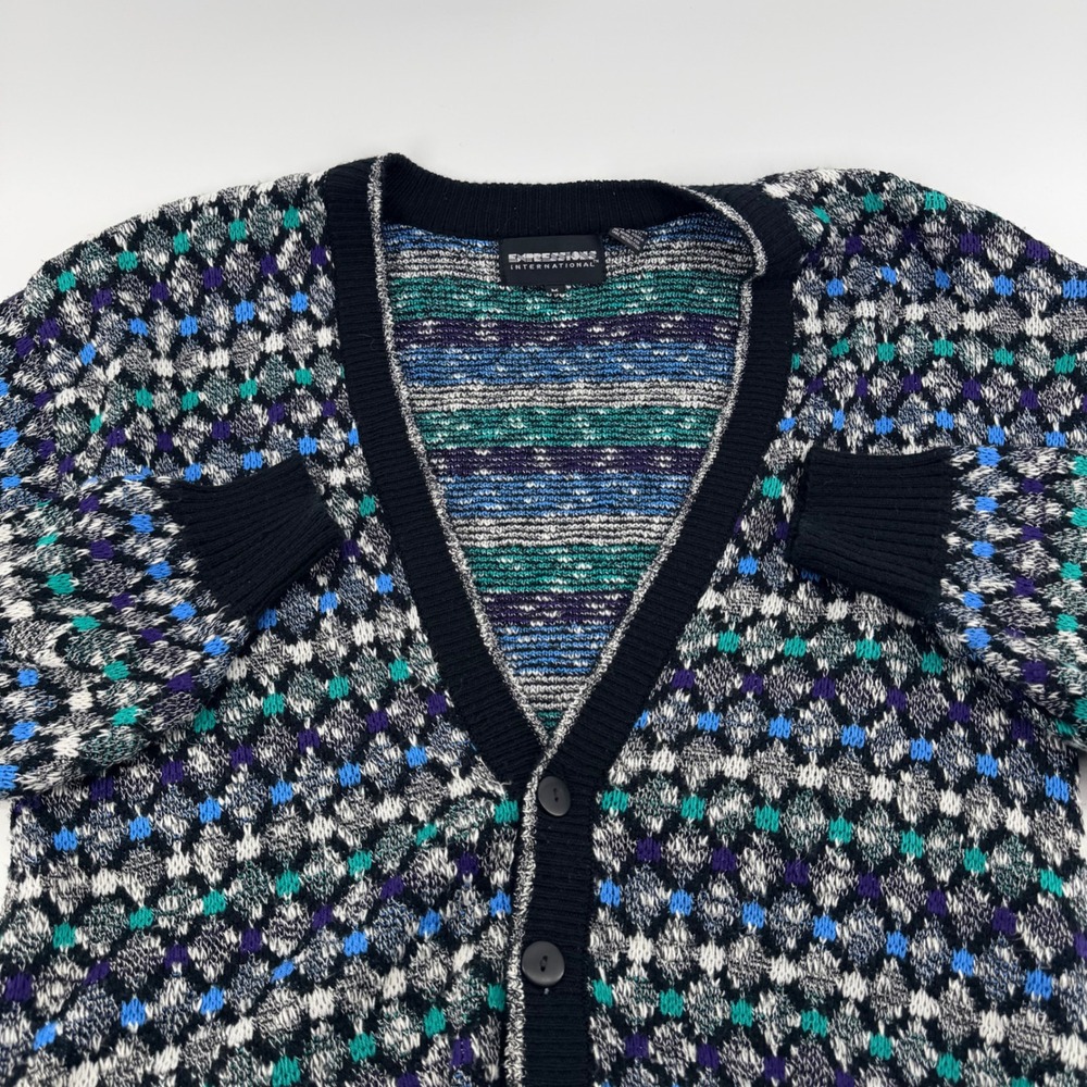 Expressions International Geometric Diamond Cardigan Sweater Vintage M Black